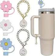 3PCS Straw Cover for Stanley Cup 30&40 Oz 10mm Flower Silicone Straw Topper Protector Lid with 2PCS Initial Personalized Letter Charm Stanley Tumblers Accessories (3pcs flowers+2pcs letter C)