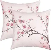 Feelyou Japanese Style Throw Pillow Covers 20"x20" Set of 2 Soft Cherry Blossoms Pillow Cases Cushion Covers for Living Room Bedroom Sakura Flower Decorative Throw Pillowcases for Sofa Couch Chair
