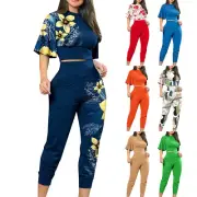 Women's Two Piece Tracksuit Bell Short Sleeve Cropped Tops High Waist Pants Set