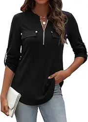 [LuckyMore] Womens V Neck 3/4 Long Sleeve Zipper Shirts Casual Swing Tunic Tops Blouse