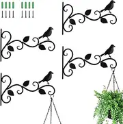 JIALAI HOME 4 Pack Hanging Plants Bracket 12" Bird Planter Outdoor Hooks Hangers for Flower Baskets Pot Bird Feeder Wind Chimes Lanterns Patio Garden Outdoor Indoor Metal Black