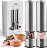 Urban Noon Battery Operated Salt and Pepper Grinder Set (Pack of 2) - Electric Stainless Steel Mills with Light - Seasoning Grinders with Adjustable Coarseness - Automatic One-Handed Operation