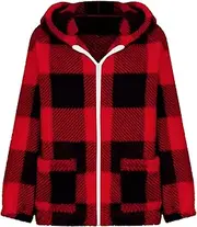 [Qolkmuiy-GJ] Women Full Zip Fleece Jacket Warm Plush Hooded Outwear with Pockets Casual Plaid Shacket Fuzzy Hoodies Outerwear