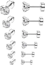 [Kakonia] 6-8 Pairs 18G Stainless Steel Ear Stud Piercing Barbell Studs Earrings Round Cubic Zirconia Inlaid Cartilage Earring