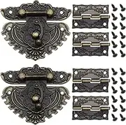 ECSiNG 2 Sets Vintage Latch Hasp Clasp Lock Antique Embossing Hasp Latch Lock with Hinges Screws Decorative Accessories for Furniture Cabinet Wooden Box Case
