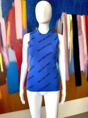 Balenciaga (2018/19) size S sleeveless top blue logo Italy stretchy New w tags