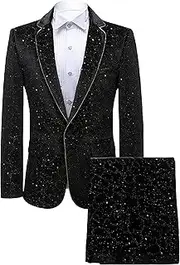 [JEShifangjiusu] Two Piece Velvet Tuxedo Printed One-Button Suit Wedding Banquet Suit Jacket Prom Pants, Black, M