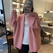Plain Open Front Oversized Cardigan Pink - One Size