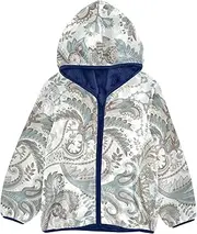 [GuoChe] Girls Sherpa Lined Paisley Flowers Ethnic Retro Toddler Girl Jacket With Hood Navy Blue Girl Zip Up Jacket 3-10T