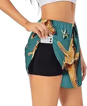 [WURTON] Beach Starfish Print Exercise Gym Workout Shorts Women's Athletic Shorts Dual-Layered Yoga Running Shorts