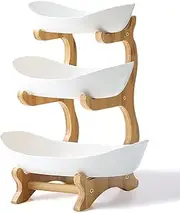 Liywall - Large 3 Tier Ceramic Fruit Bowl With Bamboo Wood Stand for Kitchen Counter,Porcelain Fruit Basket for Fruit Storage,Snack Dessert Cake Tray Plate Rack for Party Wedding - Big White