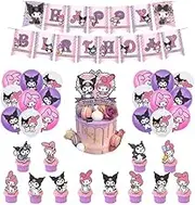 Kuromi & My Melody Birthday Decoration Pack - 13 Cake Toppers, 16 Balloons, 1 Birthday Banner - Pink, Cartoon Theme