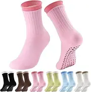[Shyyween] 6 Pairs Grip Pilates Socks for Women Grippy Socks Non Slip Yoga Socks with Grip Yoga Slouch Socks for Barre Workout Hospital Scrunch Slipper Socks, Black, Milky White, Cream Blue, Coffee