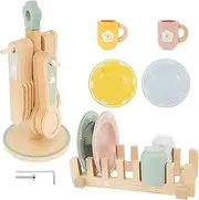 UKQRRTC Kid Wooden Dinnerware Toy Set, Safe Wood Kids Kitchen Playset, Funny Toddler Kitchen Toy, Kitchen Cutlery and Plate Toy Set, Wood Plate and Dish Playset for 3-5 Years Old Children