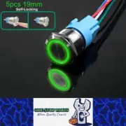 5 x Green LED 19mm Metal Push Button Switch 12-24V Pre-Wired Self-Locking Switch