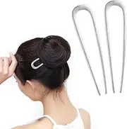 Pack of 2 U-Shaped French Hairpin Hair Pin Tines Updo Chignon Pins Large Metal Hair Pins Sticks Hair Accessories for Women Girls Hair Styling (2 Silver)