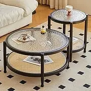 EKDJSN Black Coffee Table, Rattan Craft Nesting Coffee Table Set of 2, Center Table with Upper and Lower Double-Layer Storage Design, for Bedroom Dining Room, Easy to Assemble