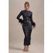 Mermaid / Trumpet Evening Gown Elegant Dress Formal Semi Formal Gala Dress Wedding Floor Length Long Sleeve Crew Neck Stretch Sequined with Feather Sleeve 2025