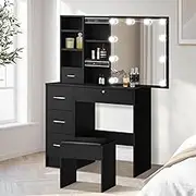 Oikiture Dressing Table with Slide Mirror and Stool Makeup Mirror Desk Vanity Mirror with Drawers Black