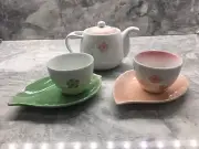 New Chinese Teapot Set Cup With Flower Detail Pink and Green Leaf
