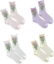 [Holibanna] Elastic Cotton Socks 4 Pairs Breathable Mesh Socks Embroidered Patterns for Seasons