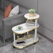 Hbluefat Modern End Table with Wheels, Rolling Sofa Side Table, 3-Tier Nightstand with Storage Shelves, Wood Bedside Table for Small Space, Living Room, Bedroom (White Marble+Golden Edge)