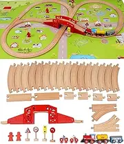 Wooden Train Set with Town Map-Shinington Railway Track Construction Building Toys for 3 Years Old Kids Boys Girls-Vehicles Transport Wooden Toys for Toddlers 3 4 5 Years Old