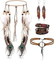 [Kakonia] Jewelry Set for Women, Feather Headdress Dangle Earrings Leather Suede Choker Necklace Bracelet Hippie Bohemian Retro Jewelry