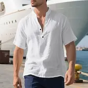 Men's Shirt Linen Shirt Popover Shirt Casual Shirt Cotton Shirt Plain Vacation Street Black White Khaki Light Blue Short Sleeve Stand Collar Summer Clothing Ap