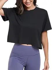 [KevaMolly] Workout Crop Tops for Women Loose Fit UPF50+ Breathable Yoga T Shirts Running Athletic Cropped Workout Tops