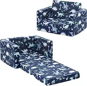Ulax Furniture Kids Fold Out Couch 2-in-1 Children Convertible Sofa to Lounger with Soft Plush Fabric (Navy Dinosaur)