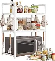 Bsbkoj Microwave Oven Rack, Double Layer Shelf with Hooks, Widened Seasoning Organizer, Bread Machine Holder, Sturdy Metal Construction, for Home Pantry Dorm Rvs Outdoor