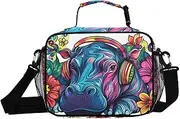 Hippo Headphone Floral Insulated Lunch Box for Women Men - Ideal for Work, Picnics - Includes Adjustable Shoulder Strap