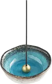 Asayu Japanese Small Mini Incense Holder for Sticks 3.3 inch (83mm), Made in Japan Ceramic Ash Catcher and Brass Incense Burner Set for Yoga, Meditation, Nature Ocean Blue Holder