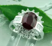 14k Solid White Gold Natural Diamond & Oval Shape Ruby Ring 4.22 ct princess
