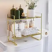 Bathroom Shelves, Toilet Shelf Over The Toilet, Metal Toilet Shelf with 2 Hooks, 2 Levels, Bathroom Organiser, Bathroom Furniture for The Wall, Space-Saving, Modern (Gold) (45 x 16 x 36 cm)