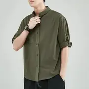 Elbow-Sleeve Band Collar Plain Shirt K42 - Army Green - XL