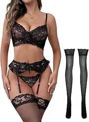 [Lilosy] Sexy Cutout Lace Up Floral Garter Lingerie Set