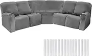 Peryiter 7 Pcs L Shape Sectional Recliner Sofa Covers 5 Seat Sectional Couch Covers Milk Silk Velvet Stretch Reclining Sofa Cover Sofa Slipcover Furniture Protector for Room (Dark Gray,Velvet)