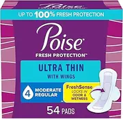Poise Ultra Thin Incontinence Pads with Wings & Postpartum Incontinence Pads, 4 Drop Moderate Absorbency, Regular Length, 54 Count, Packaging May Vary