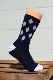 Navy Blue White Diamond Pattern Cycling and Running Sock - Medium New By DeFeet