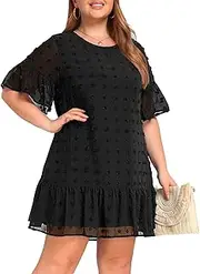 [Pinup Fashion] Women's Plus Size Swiss Dot Short Sleeve Ruffle Cute Summer Chiffon Loose Flowy Shift Mini Dress