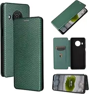 [TiHen] Compatible for Case Nokia X20, Flip Carbon Fiber [Drop Tested] Shockproof Stand Anti Fingerprints Cover with Card Slot+Tempered Glass Screen Protector*2-Green