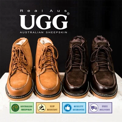 UGG Real Aus 100% Australian Sheepskin Wool Mens Combat Boots Chocolate/Chestnut