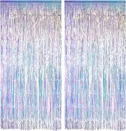 GREATRIL Iridescent Party Streamers Backdrop Neon Transparent Holographic Tinsel Foil Fringe Curtain for Mermaid/Frozen/Sea/Euphoria/ERAS Party Theme Decorations 2 PCS