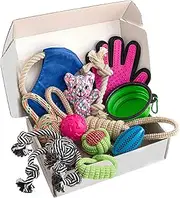 Zenify Puppy Dog Toys Gift Box - Pet Interactive Dog Rope Toy Starter Set - Tug Cotton Fetch Ball Rubber Training Puppies Play Grooming Glove Portable Travel Bowl