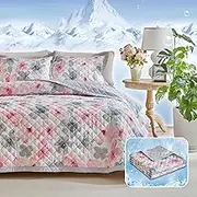 Cooling Quilt Set Queen Size with Reversible Gray Pink Floral Comforter, Luxury Soft Gray Silky Cooling Bedspread Bedding Set for Night Sweats Hot Sleeper Breathable Cold Feeling Flowers Coverlet