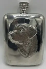Corbell Silver Company Labrador Head English Pewter Flask 6oz New ! W/ Scratches