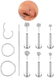 [Accirrch] 18G Nose Rings Threadless Nose Studs for Women Men 316L Surgical Steel Labret Studs Lip Rings Push in Flat Back Stud Earrings CZ Nose Nostril Tragus Helix Piercing Jewelry Hypoallergenic