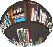 Library Bookcase Print Various Activities Shower Cap Reusable Soft And Lightweight Bath Hair Cap Long Hair